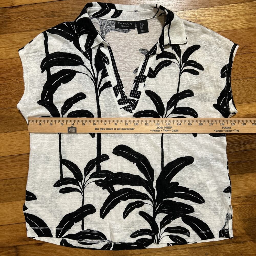 Tahari Women sz S 100% Linen Black White Palm Print Tropical Top V-neck Nautical - Picture 5 of 6